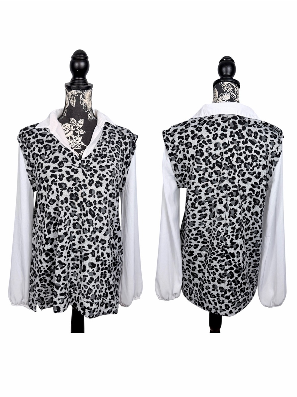 Absolutely Famous grey/black leopard print layered tunic top size large